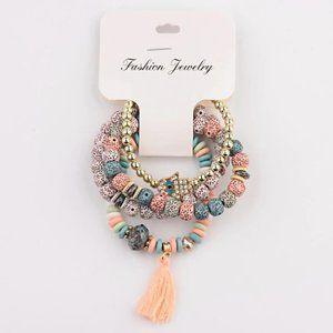 Boho blue & pink beaded bracelet hamsa hand set